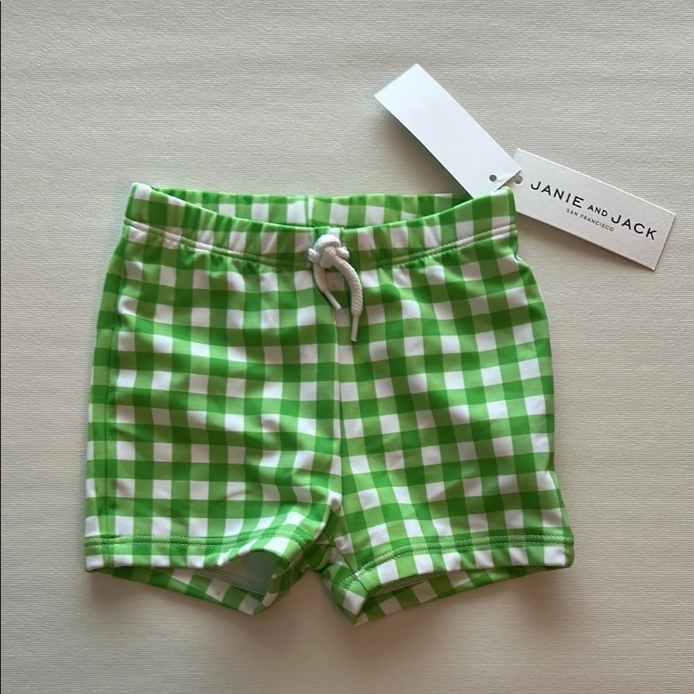 Janie and Jack Vibrant Green and White Gingham Swim Shorts Size 12-18 months